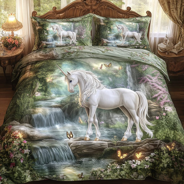 Mystic Unicorn quilted 3-piece bedding set on a made bed with two matching pillow shams