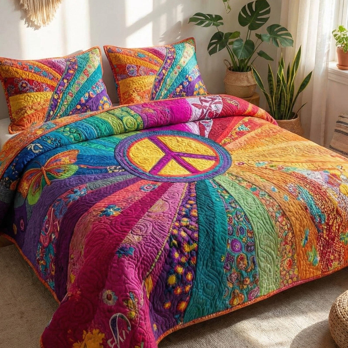 Mystic Unity quilted 3-piece bedding set on a made bed with two matching pillow shams