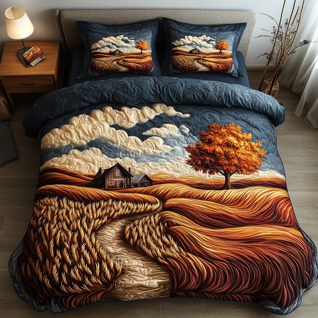 Mystic Valley quilted 3-piece bedding set on a made bed with two matching pillow shams