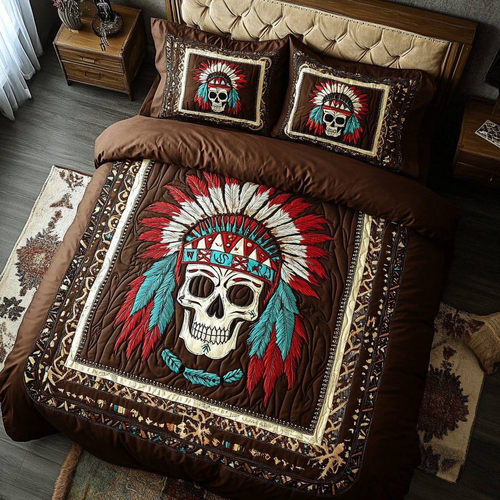 Mystic Warrior quilted 3-piece bedding set on a made bed with two matching pillow shams