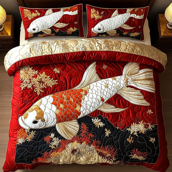 Mystic Waters quilted 3-piece bedding set on a made bed with two matching pillow shams