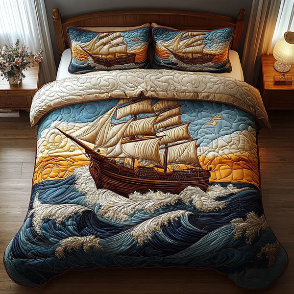 Mystic Waves quilted 3-piece bedding set on a made bed in a light coastal bedroom