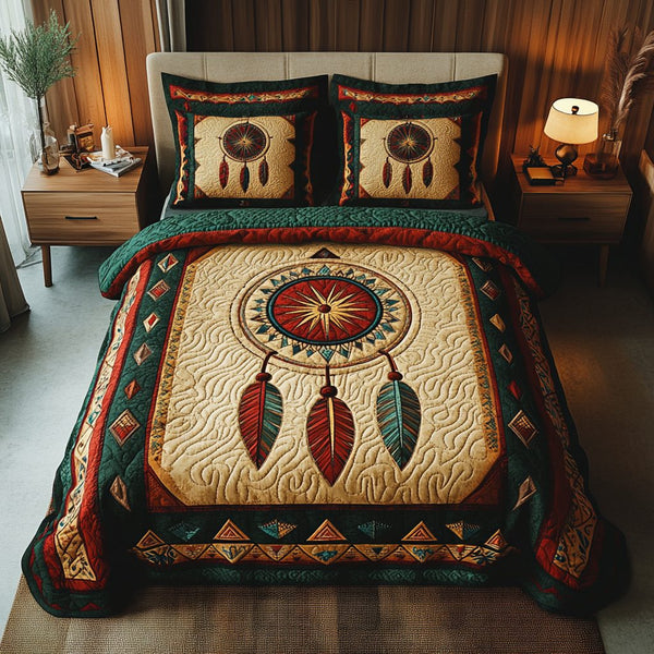 Mystic Web quilted 3-piece bedding set on a made bed with two matching pillow shams
