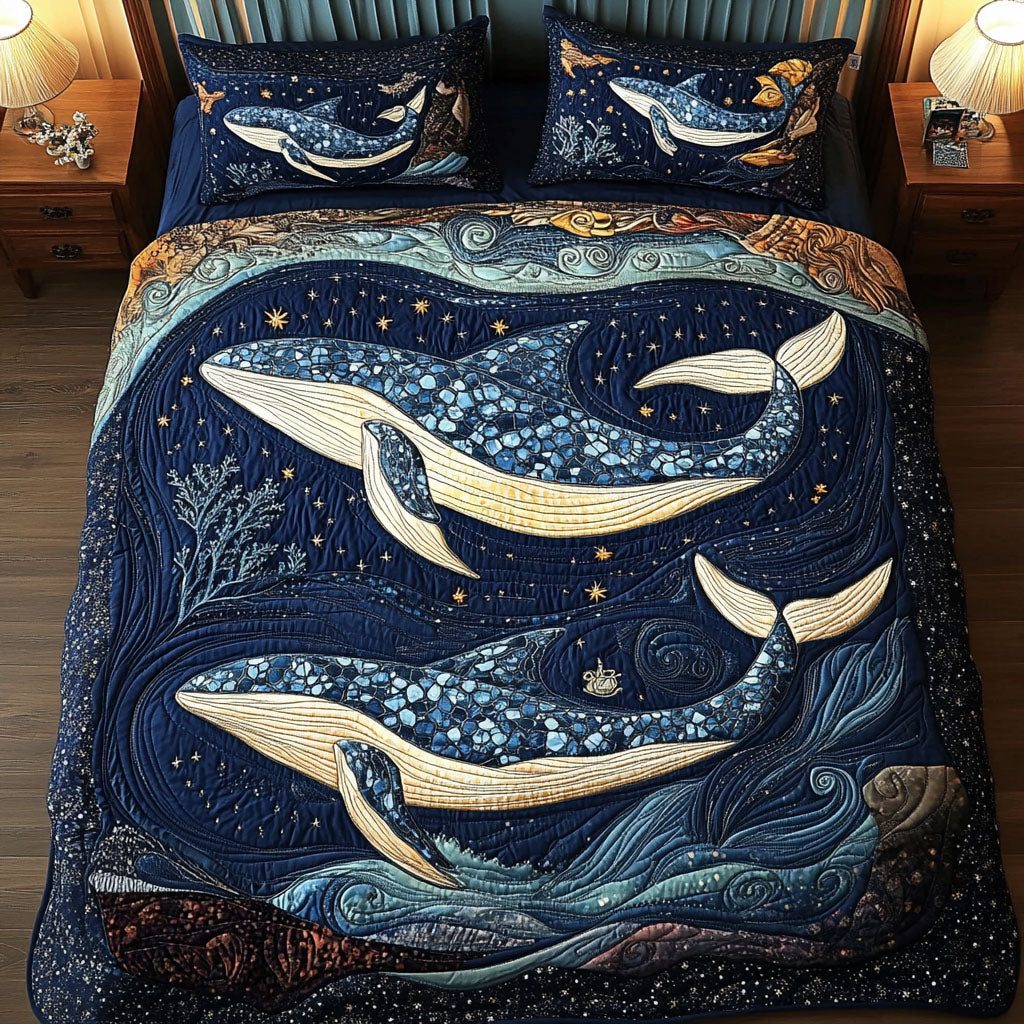 Mystic Whale Dance quilted 3-piece bedding set on a made bed in a light coastal bedroom