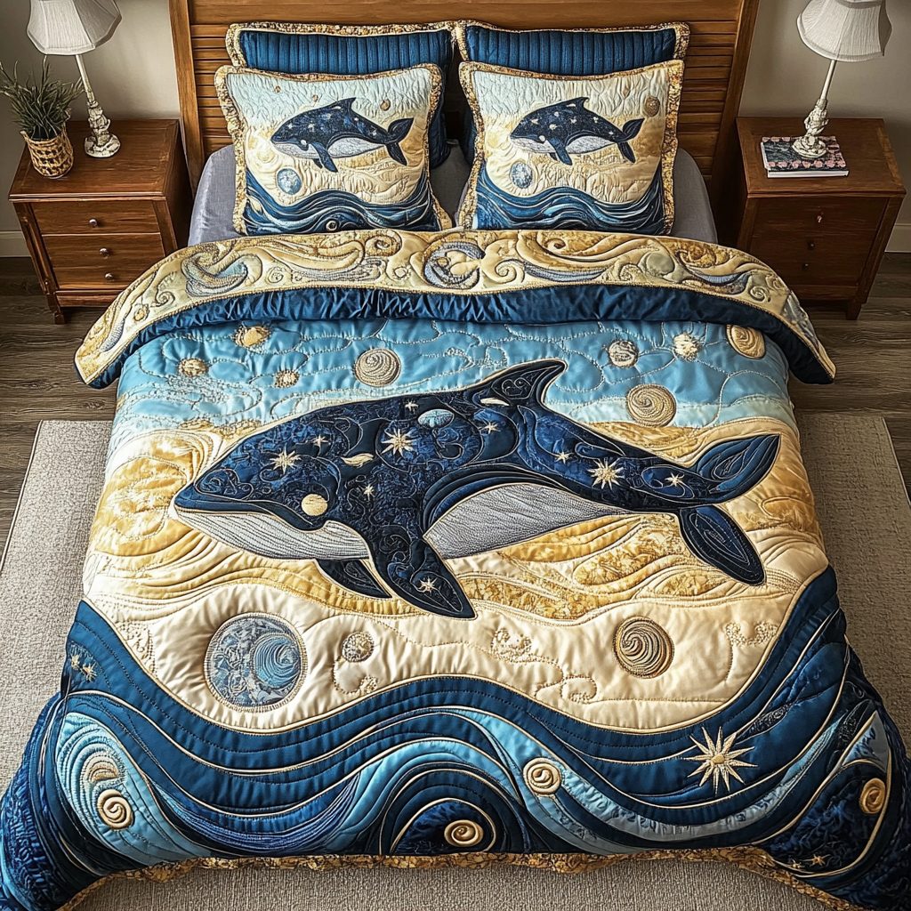 Mystic Whale quilted 3-piece bedding set on a made bed in a light coastal bedroom