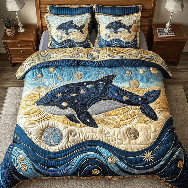 Mystic Whale quilted 3-piece bedding set on a made bed in a light coastal bedroom