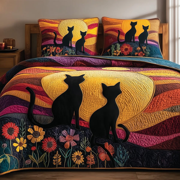 Mystic Whisker quilted 3-piece bedding set on a made bed with two matching pillow shams
