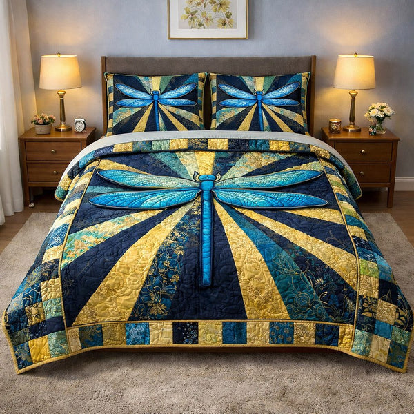 Mystic Wings quilted 3-piece bedding set on a made bed with two matching pillow shams