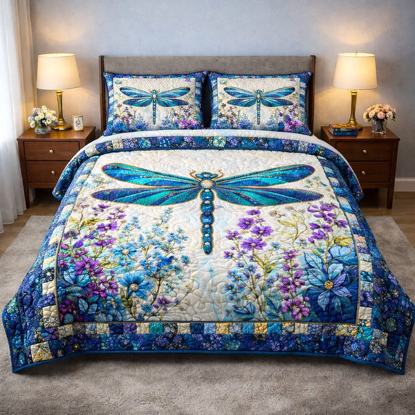 Mystic Wings quilted 3-piece bedding set on a made bed with two matching pillow shams