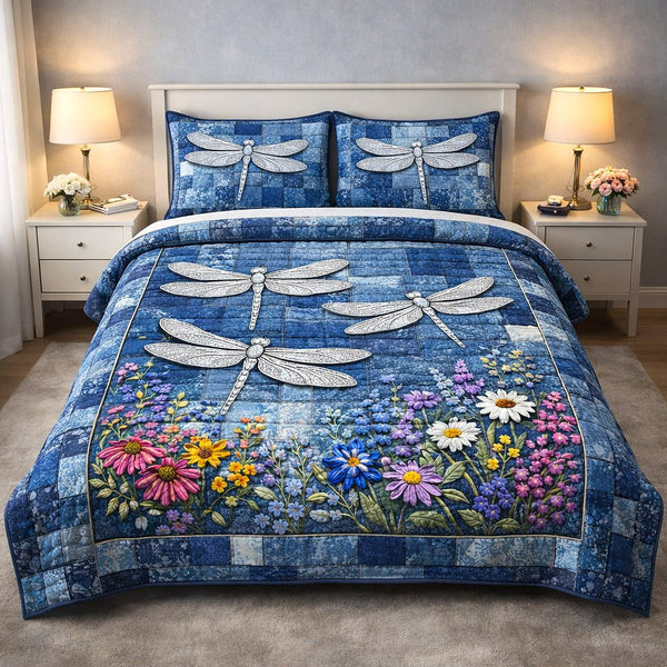 Mystic Wings quilted 3-piece bedding set on a made bed with two matching pillow shams