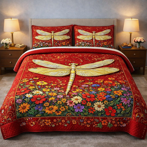 Mystic Wings quilted 3-piece bedding set on a made bed with two matching pillow shams