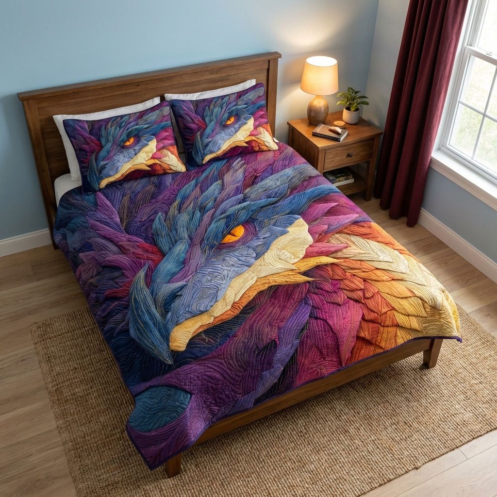 Mystic Wings quilted 3-piece bedding set on a made bed with two matching pillow shams