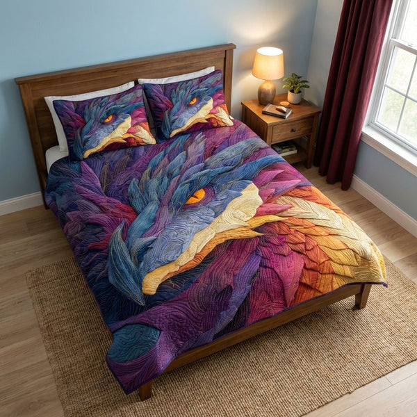 Mystic Wings quilted 3-piece bedding set on a made bed with two matching pillow shams