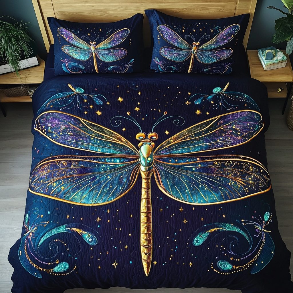 Mystic Wings quilted 3-piece bedding set on a made bed with two matching pillow shams