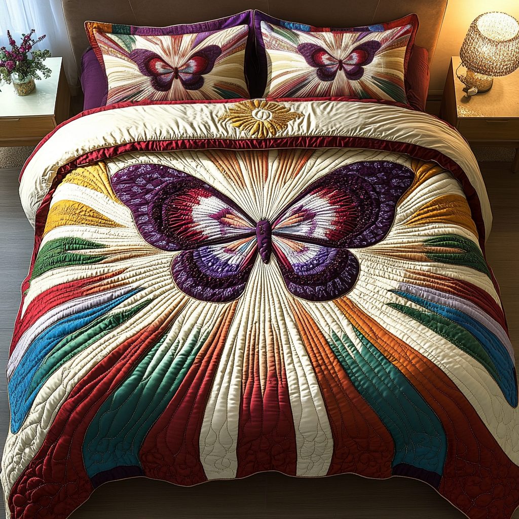 Mystic Wings quilted 3-piece bedding set on a made bed with two matching pillow shams