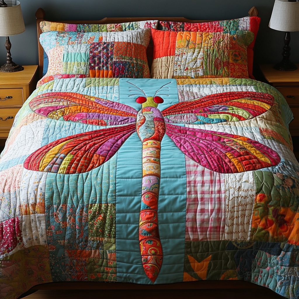 Mystic Wings quilted 3-piece bedding set on a made bed with two matching pillow shams