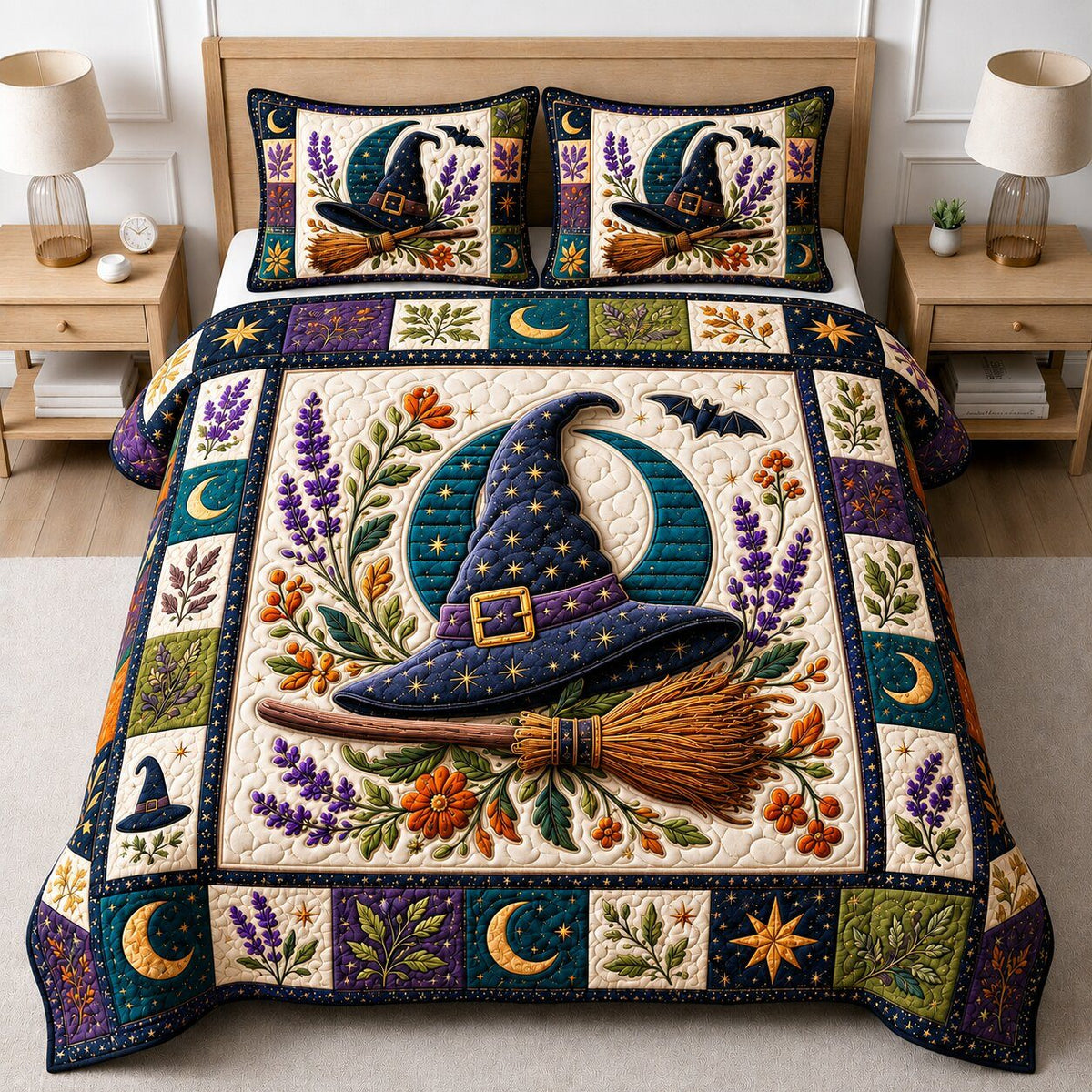 Mystic Witch quilted 3-piece bedding set on a made bed against a dark styled interior