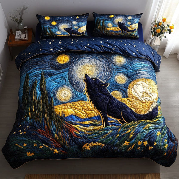 Mystic Wolf quilted 3-piece bedding set on a made bed with two matching pillow shams