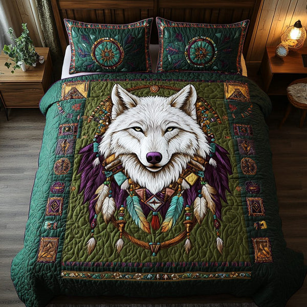Mystic Wolf quilted 3-piece bedding set on a made bed with two matching pillow shams