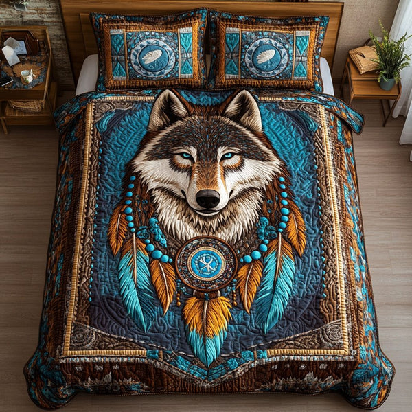 Mystic Wolf quilted 3-piece bedding set on a made bed with two matching pillow shams