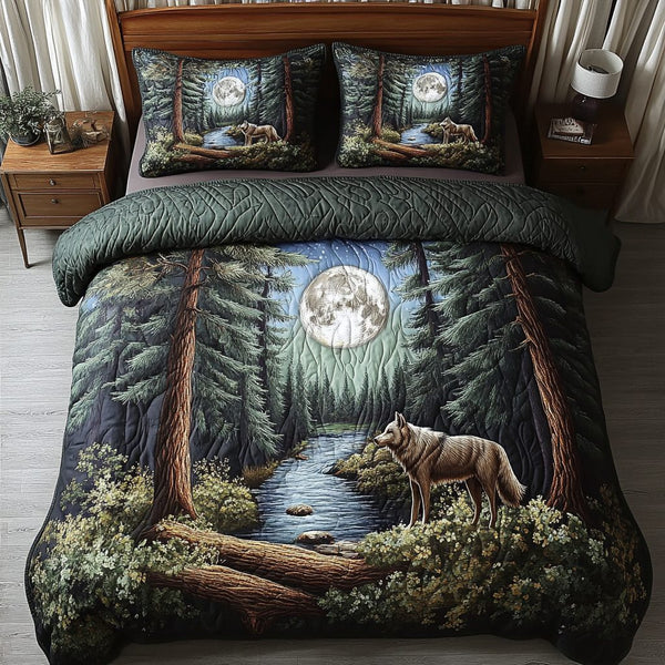 Mystic Wolf quilted 3-piece bedding set on a made bed with two matching pillow shams