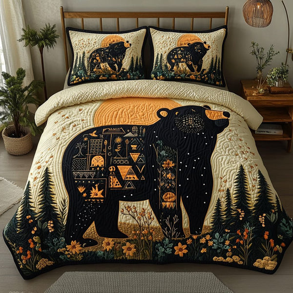 Mystic Woods quilted 3-piece bedding set on a made bed with two matching pillow shams
