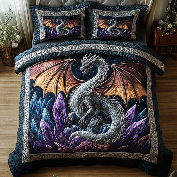 Mystic Wyvern quilted 3-piece bedding set on a made bed with two matching pillow shams