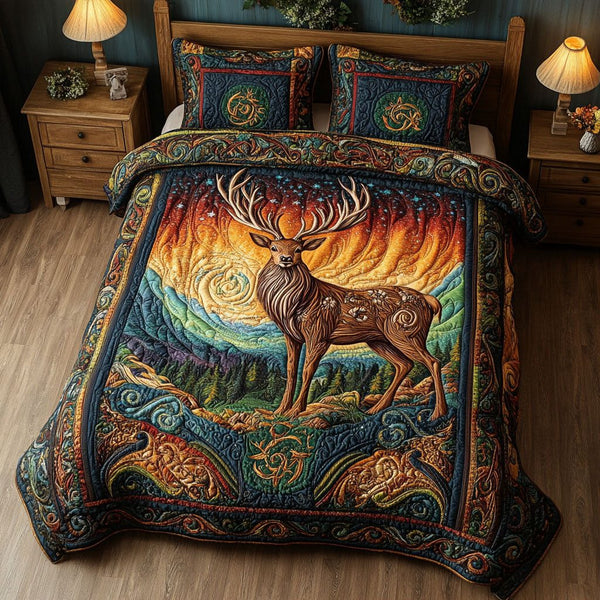 Mystical Forest Dreams quilted 3-piece bedding set on a made bed with two matching pillow shams