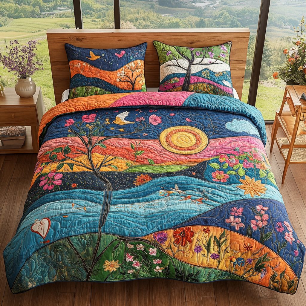 Mystical Garden Meadow quilted 3-piece bedding set on a made bed with two matching pillow shams