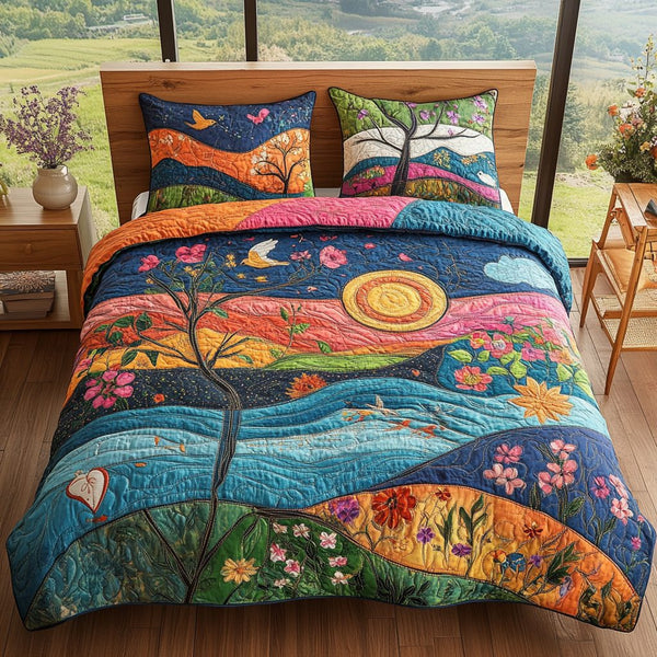 Mystical Garden Meadow quilted 3-piece bedding set on a made bed with two matching pillow shams