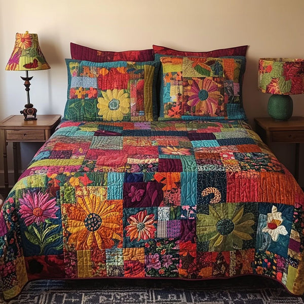 Mystical Gypsy quilted 3-piece bedding set on a made bed with two matching pillow shams