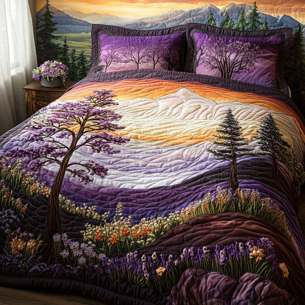 Mystical Landscape quilted 3-piece bedding set on a made bed with two matching pillow shams