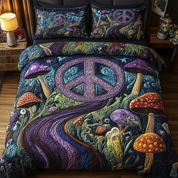Mystical Midnight Peace quilted 3-piece bedding set on a made bed with two matching pillow shams