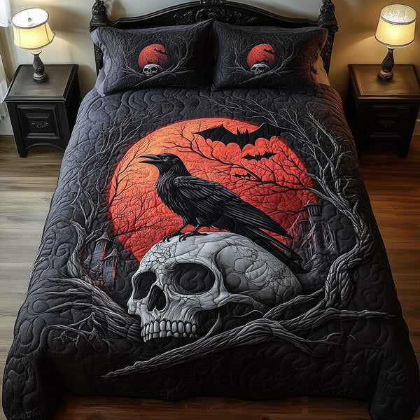 Mystical Night quilted 3-piece bedding set on a made bed with two matching pillow shams