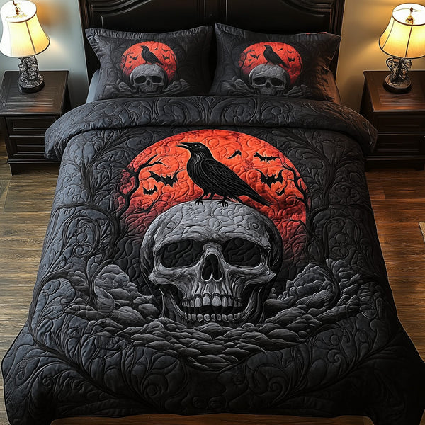 Mystical Night quilted 3-piece bedding set on a made bed with two matching pillow shams