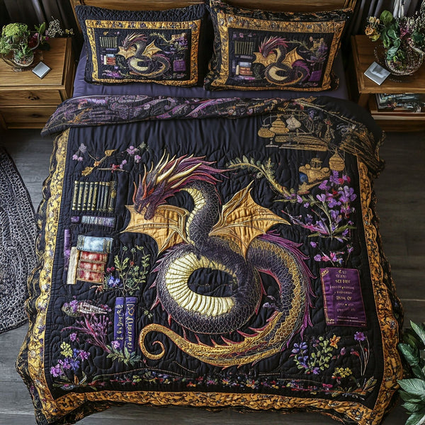 Mystical Reign quilted 3-piece bedding set on a made bed with two matching pillow shams