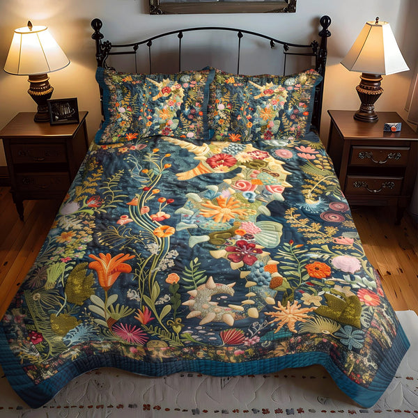 Mystical Seahorse quilted 3-piece bedding set on a made bed in a light coastal bedroom