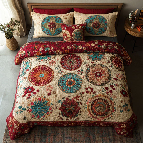 Mystical Trails quilted 3-piece bedding set on a made bed with two matching pillow shams