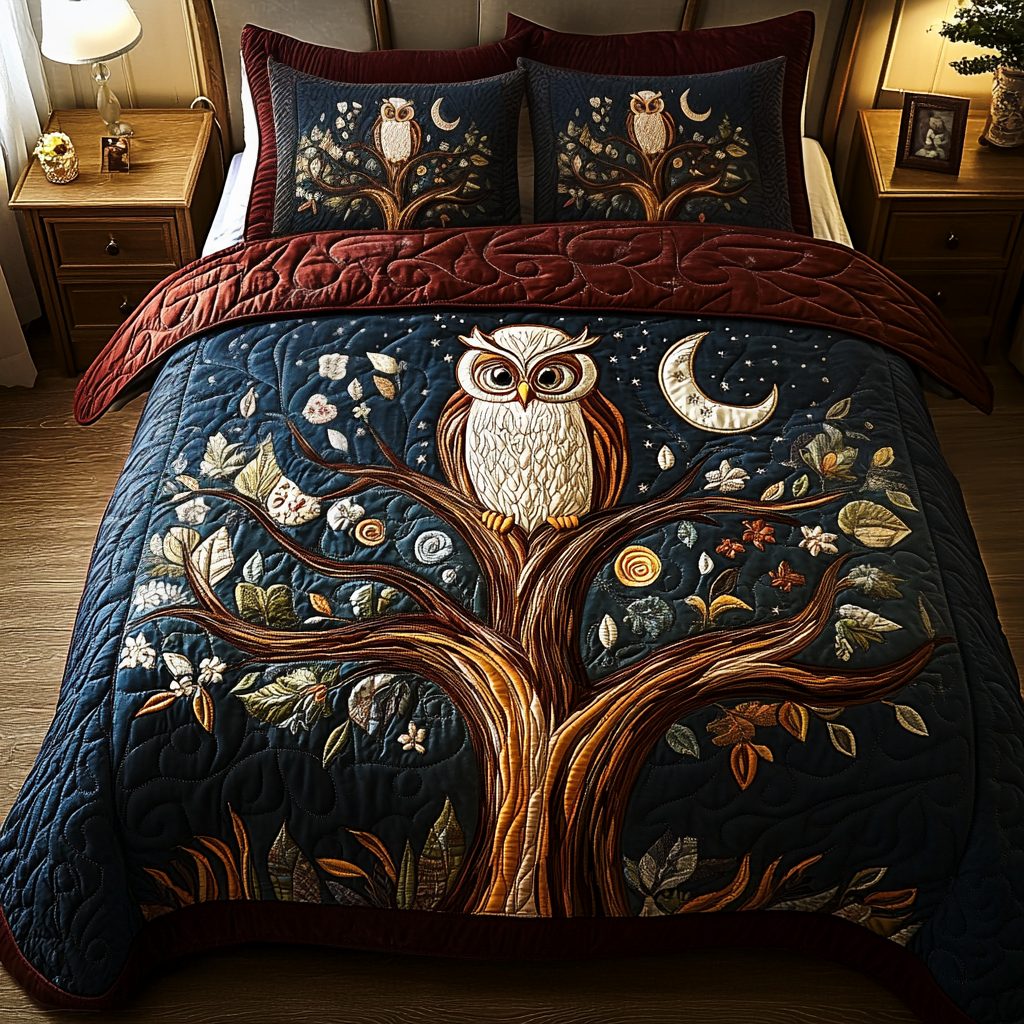 Mystical Watcher quilted 3-piece bedding set on a made bed with two matching pillow shams
