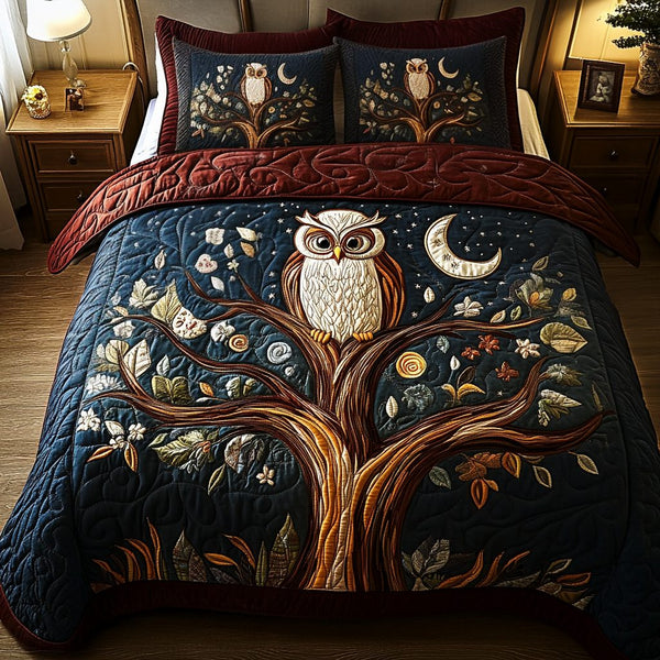 Mystical Watcher quilted 3-piece bedding set on a made bed with two matching pillow shams