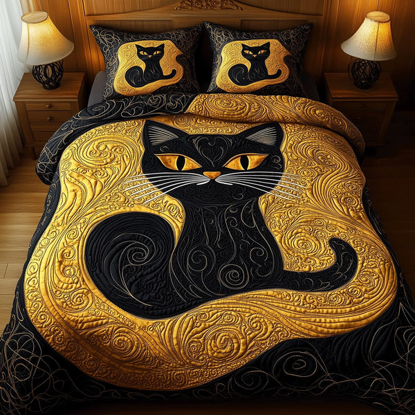 Mystical Whiskers quilted 3-piece bedding set on a made bed with two matching pillow shams
