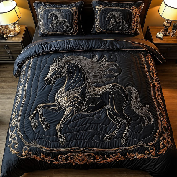 Mystique Black Horse quilted 3-piece bedding set on a made bed in a rustic timber bedroom