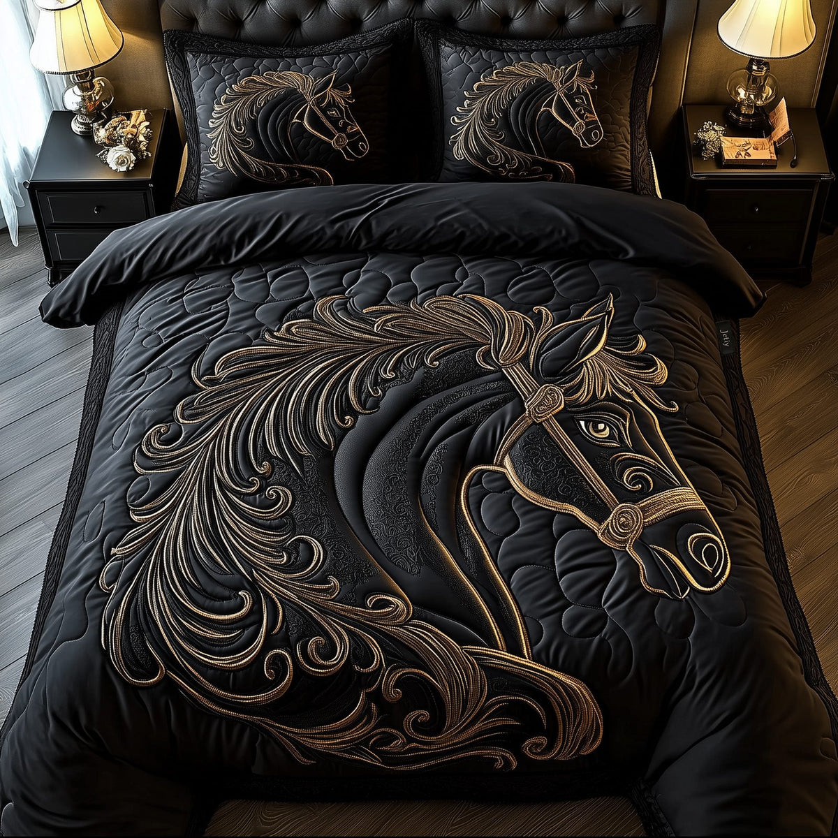Mystique Black Horse quilted 3-piece bedding set on a made bed in a rustic timber bedroom