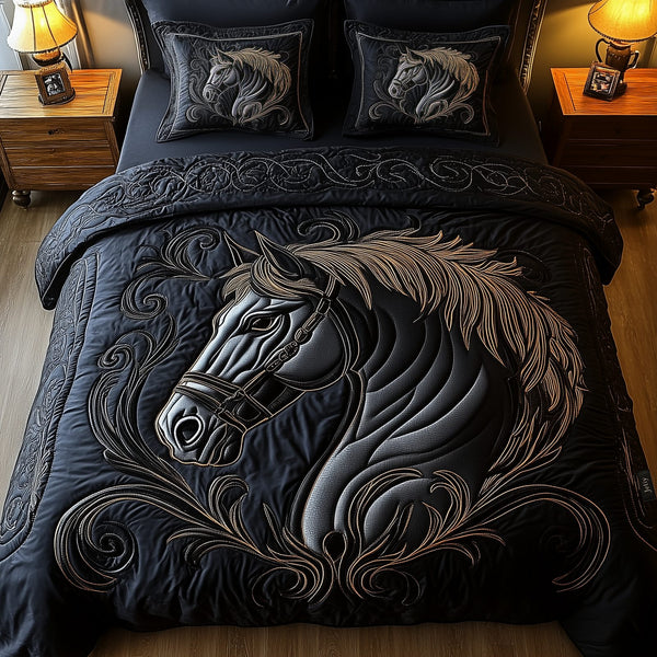 Mystique Black Horse quilted 3-piece bedding set on a made bed in a rustic timber bedroom