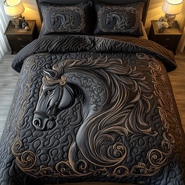 Mystique Black Horse quilted 3-piece bedding set on a made bed in a rustic timber bedroom