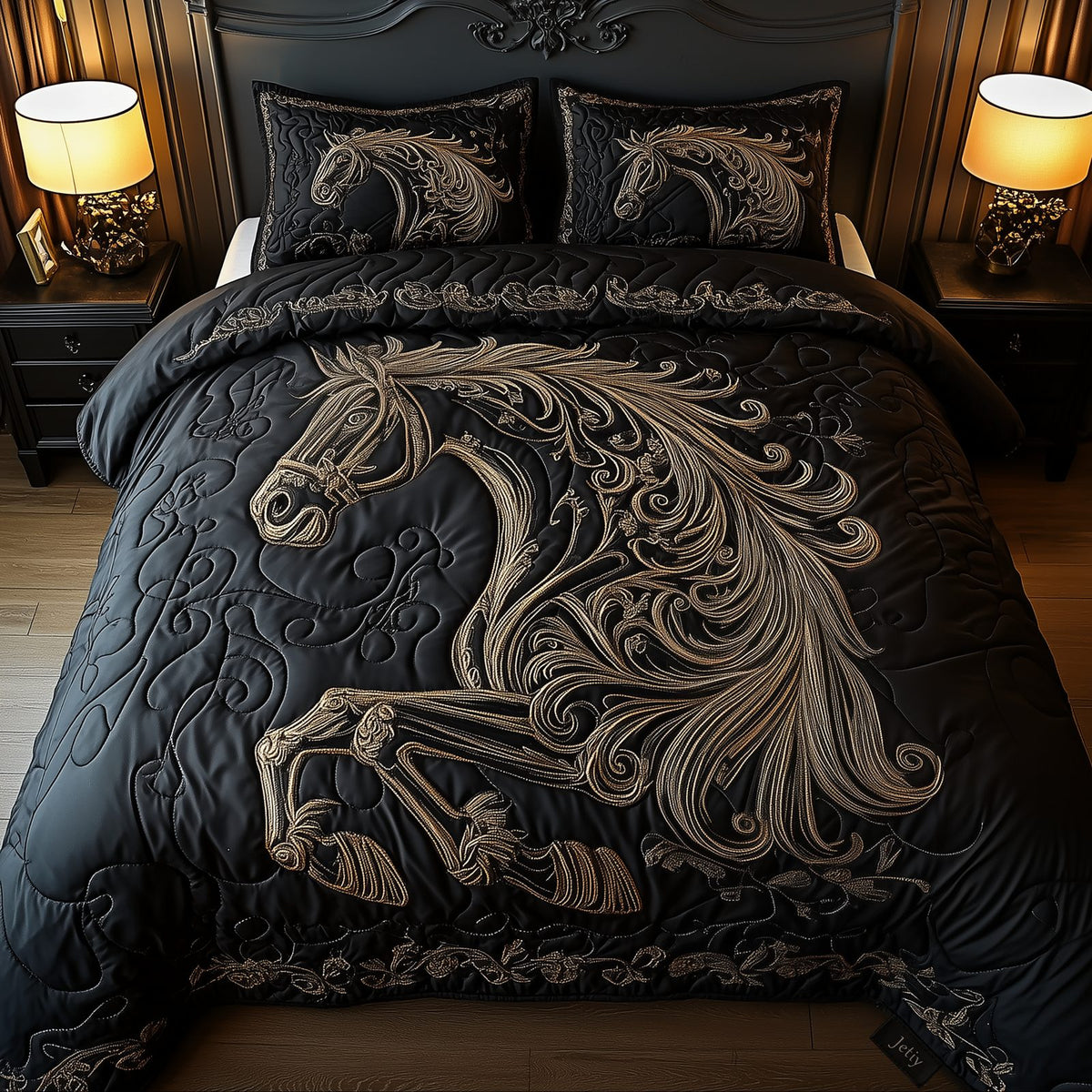 Mystique Black Horse quilted 3-piece bedding set on a made bed in a rustic timber bedroom
