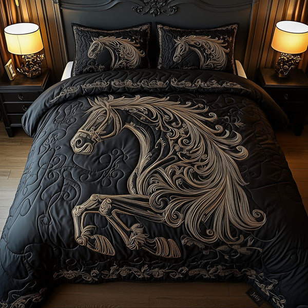 Mystique Black Horse quilted 3-piece bedding set on a made bed in a rustic timber bedroom