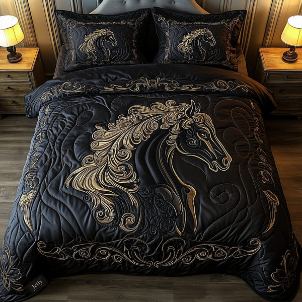 Mystique Black Horse quilted 3-piece bedding set on a made bed in a rustic timber bedroom