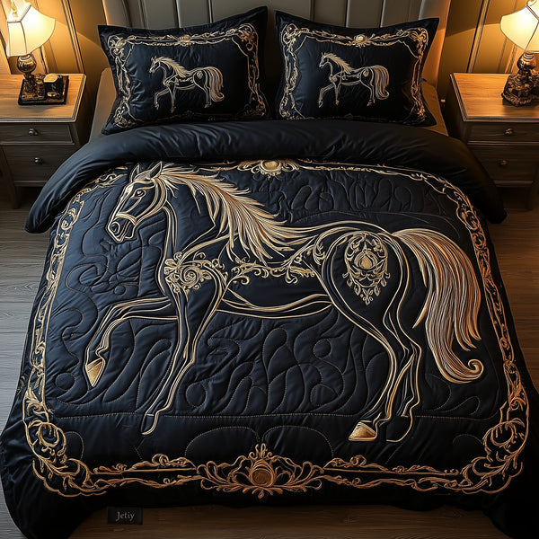 Mystique Black Horse quilted 3-piece bedding set on a made bed in a rustic timber bedroom