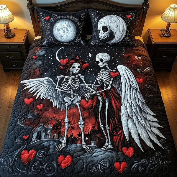 Mystique Skull Couple quilted 3-piece bedding set on a made bed against a dark styled interior